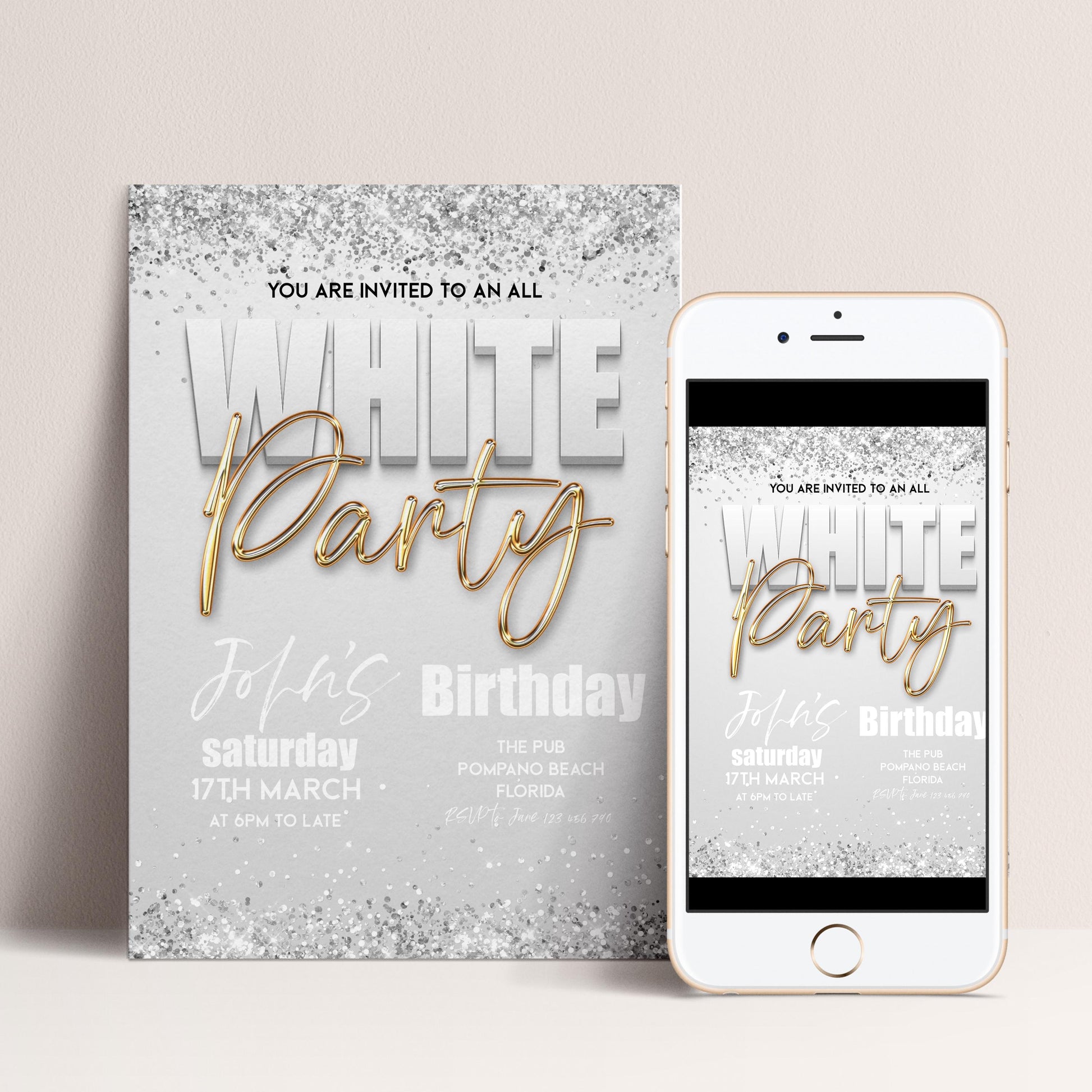 All White Party Invitation Bling Bling All White Birthday Bash White Gold Glitter Party Editable Download