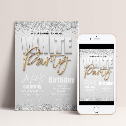 All White Party Invitation Bling Bling All White Birthday Bash White Gold Glitter Party Editable Download