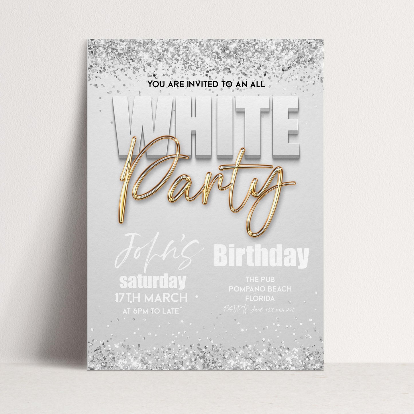 All White Party Invitation Bling Bling All White Birthday Bash White Gold Glitter Party Editable Download