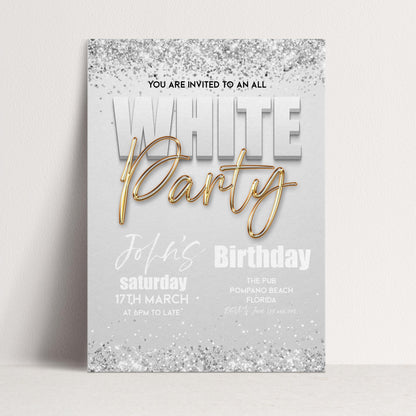 All White Party Invitation Bling Bling All White Birthday Bash White Gold Glitter Party Editable Download