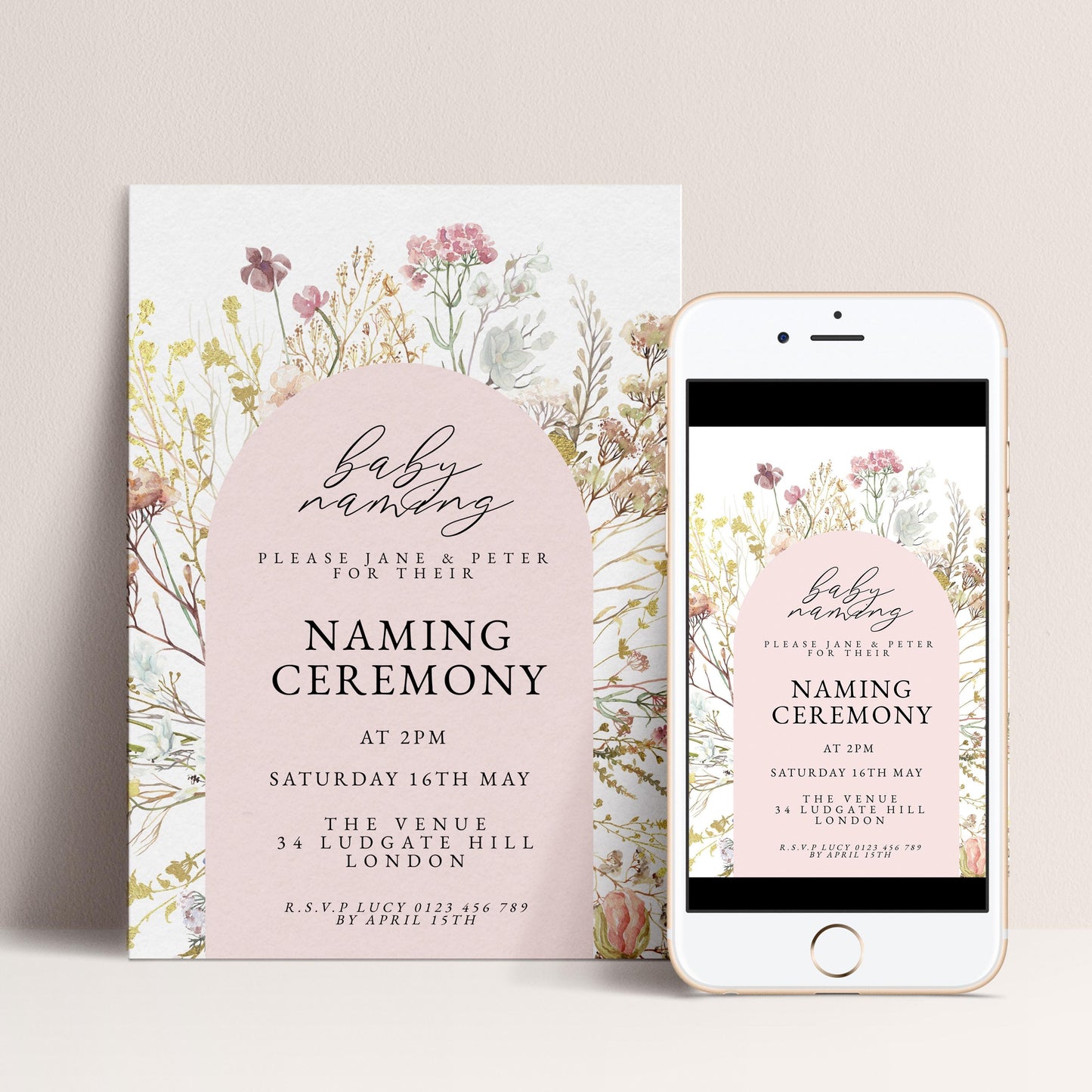 Baby Naming Ceremony Invitation Floral Neutral, Modern Naming Day Invite, Baby Shower Alternative, Editable Template