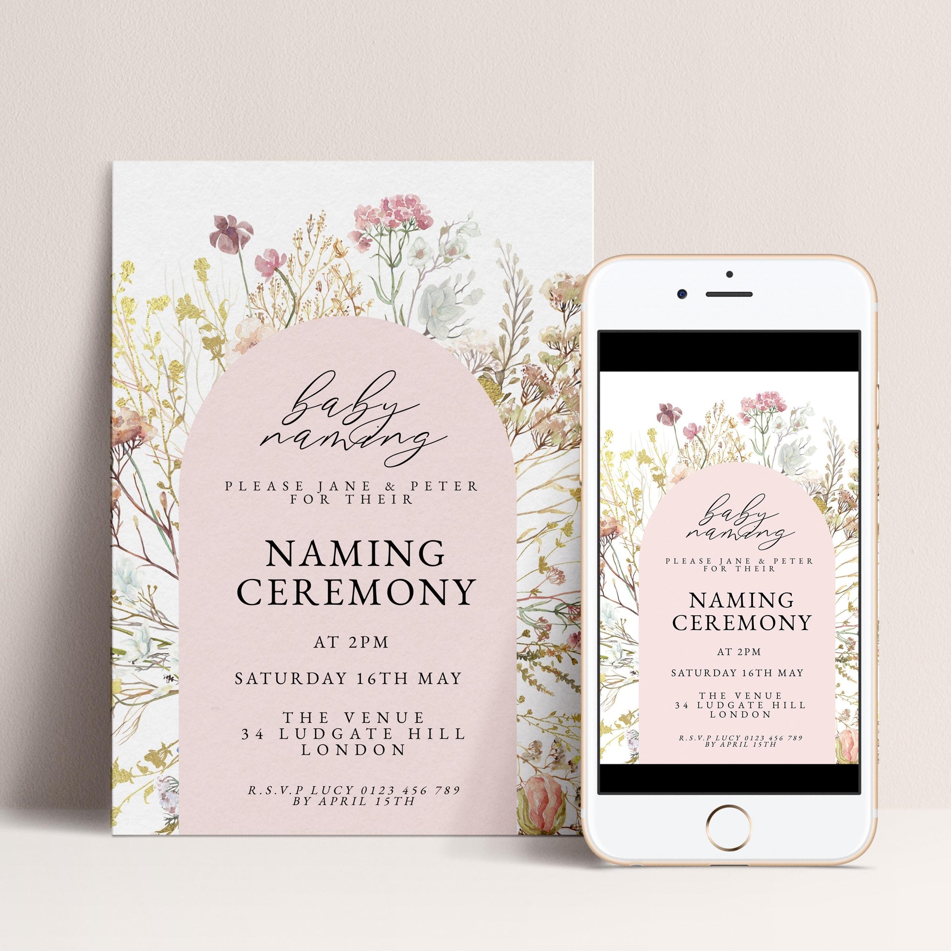 Baby Naming Ceremony Invitation Floral Neutral, Modern Naming Day Invite, Baby Shower Alternative, Editable Template