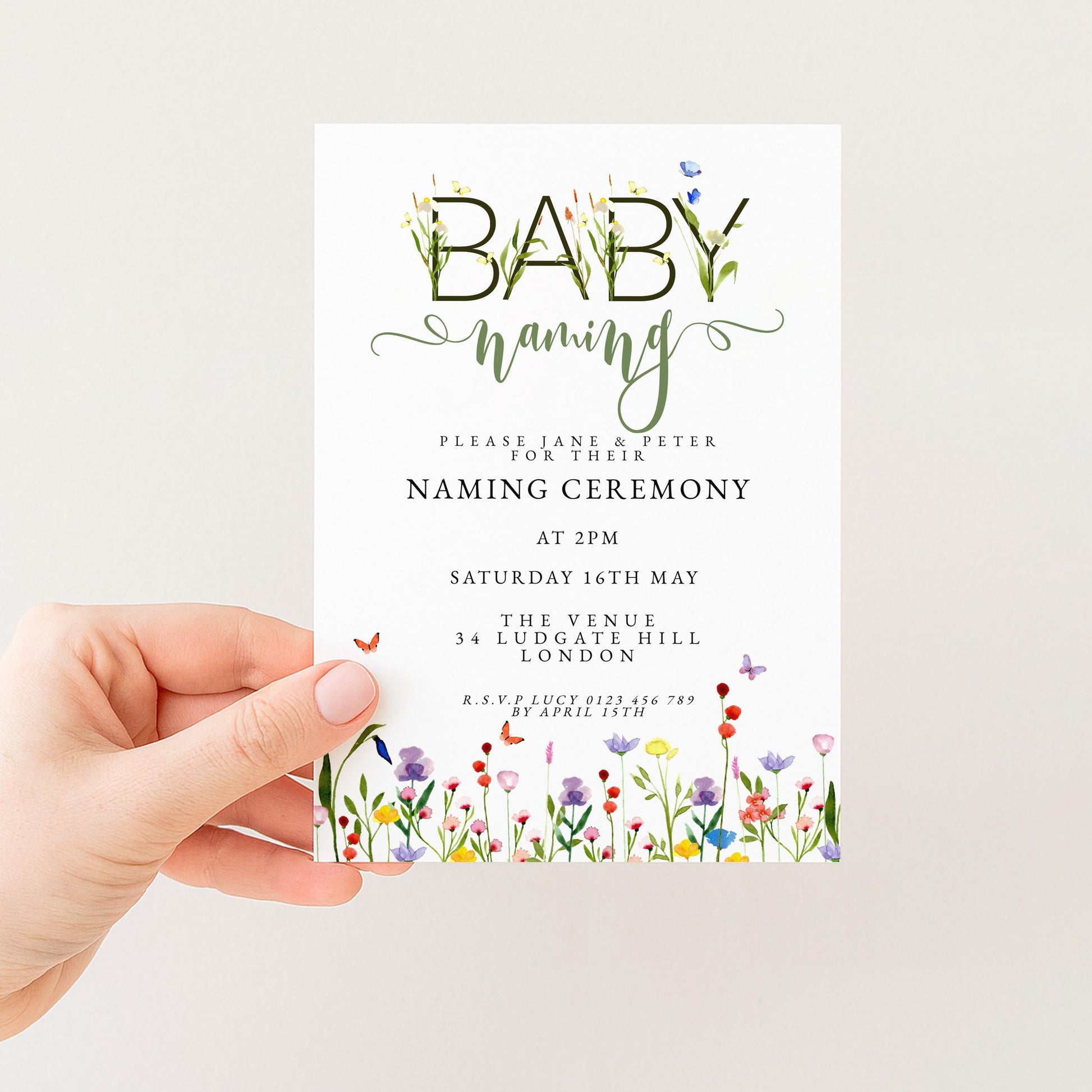 Baby Naming Ceremony Invitation Editable Watercolor Meadow Flowers Printable Naming Day Digital Template for Baby Girl Boy Digital Download
