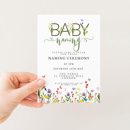 Baby Naming Ceremony Invitation Editable Watercolor Meadow Flowers Printable Naming Day Digital Template for Baby Girl Boy Digital Download