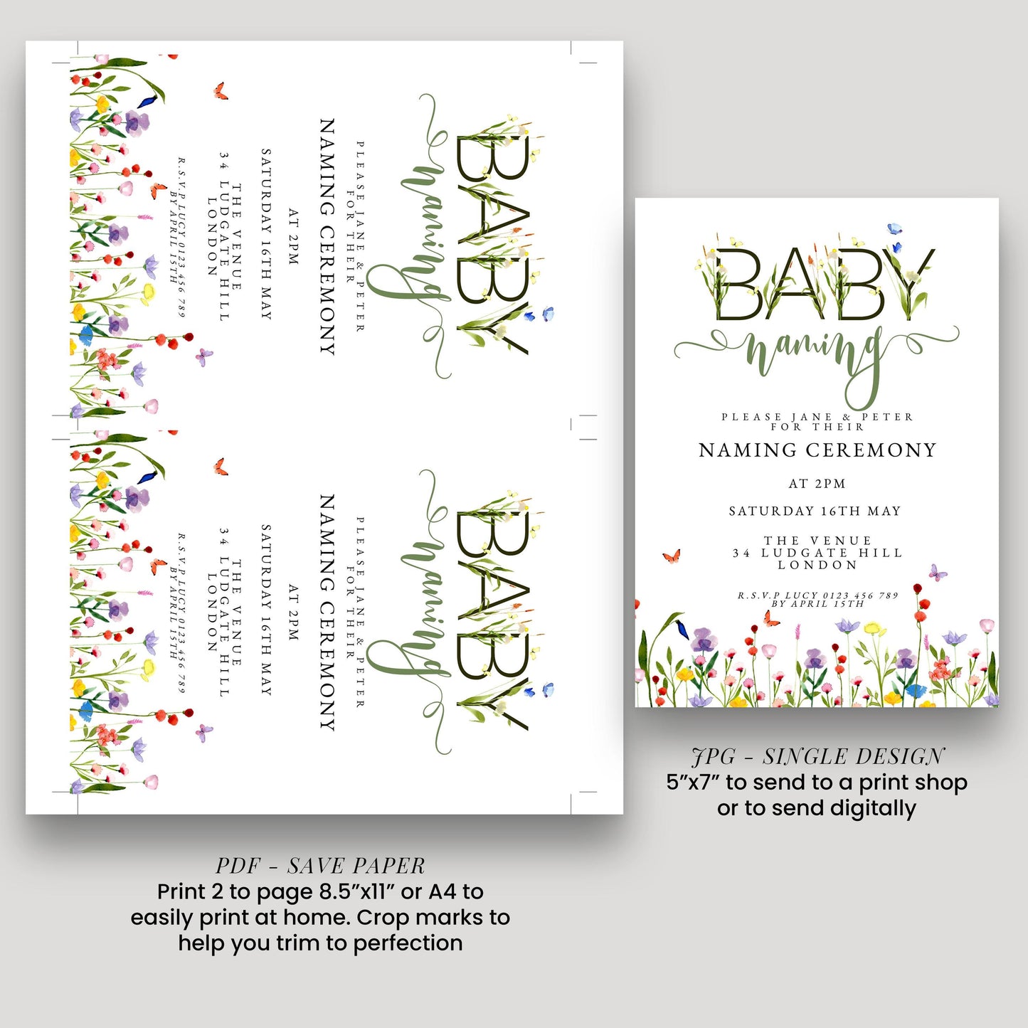 Baby Naming Ceremony Invitation Editable Watercolor Meadow Flowers Printable Naming Day Digital Template for Baby Girl Boy Digital Download