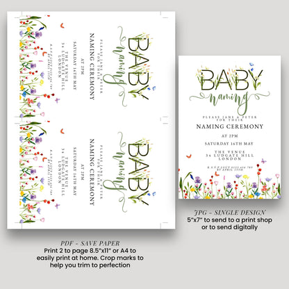 Baby Naming Ceremony Invitation Editable Watercolor Meadow Flowers Printable Naming Day Digital Template for Baby Girl Boy Digital Download