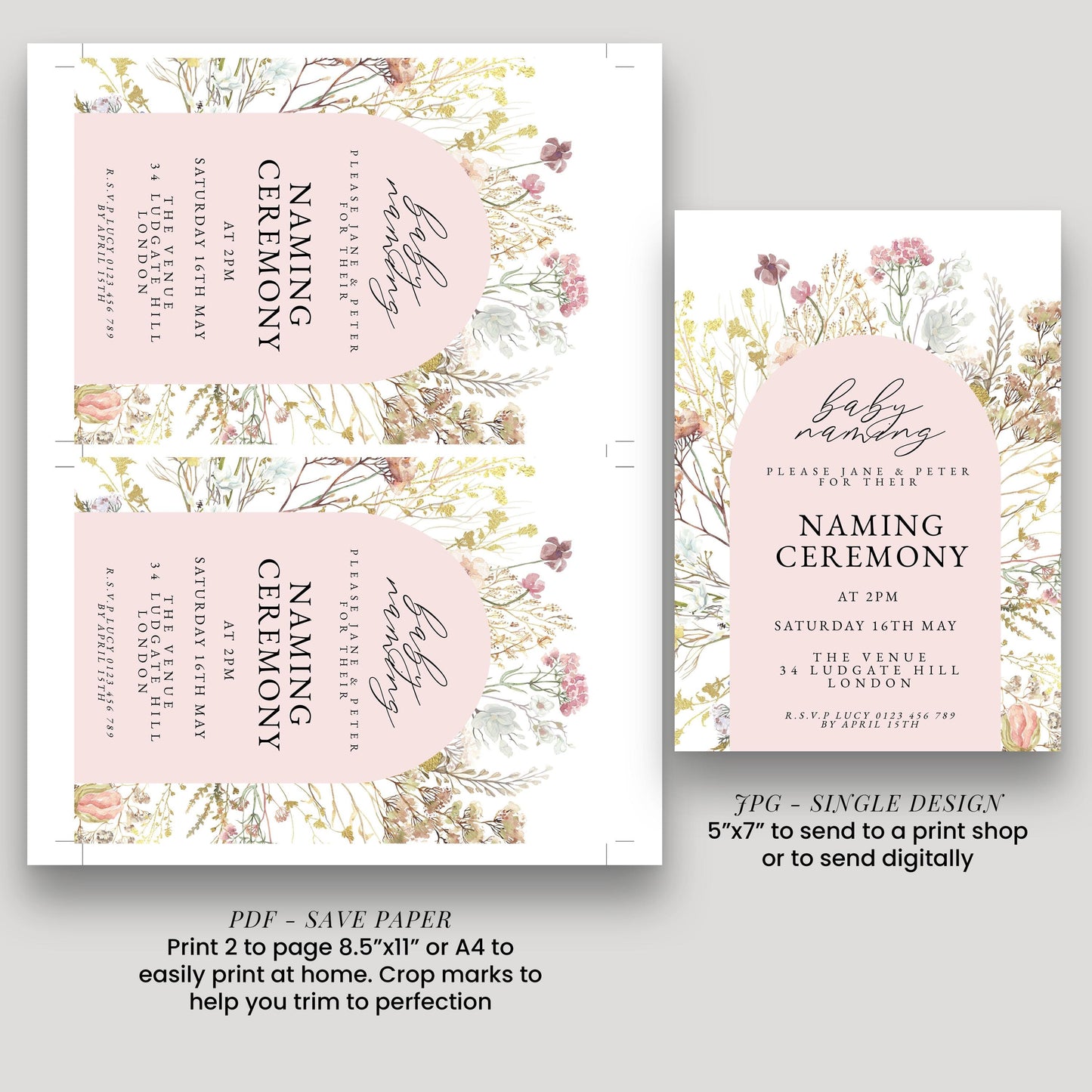 Baby Naming Ceremony Invitation Floral Neutral, Modern Naming Day Invite, Baby Shower Alternative, Editable Template