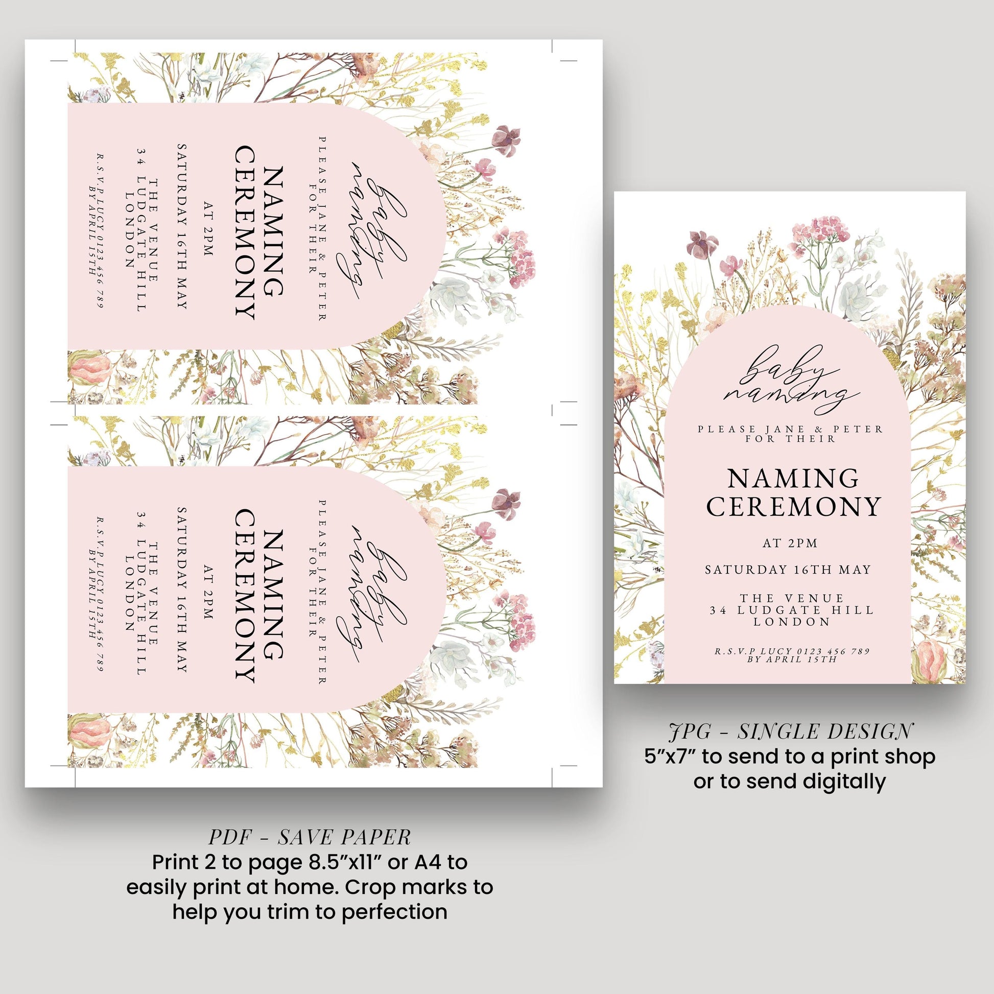 Baby Naming Ceremony Invitation Floral Neutral, Modern Naming Day Invite, Baby Shower Alternative, Editable Template