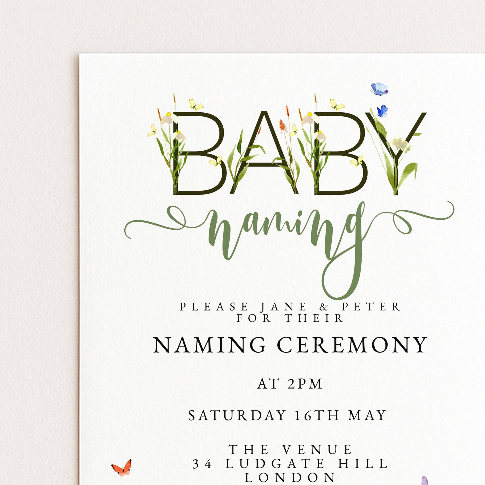 Baby Naming Ceremony Invitation Editable Watercolor Meadow Flowers Printable Naming Day Digital Template for Baby Girl Boy Digital Download