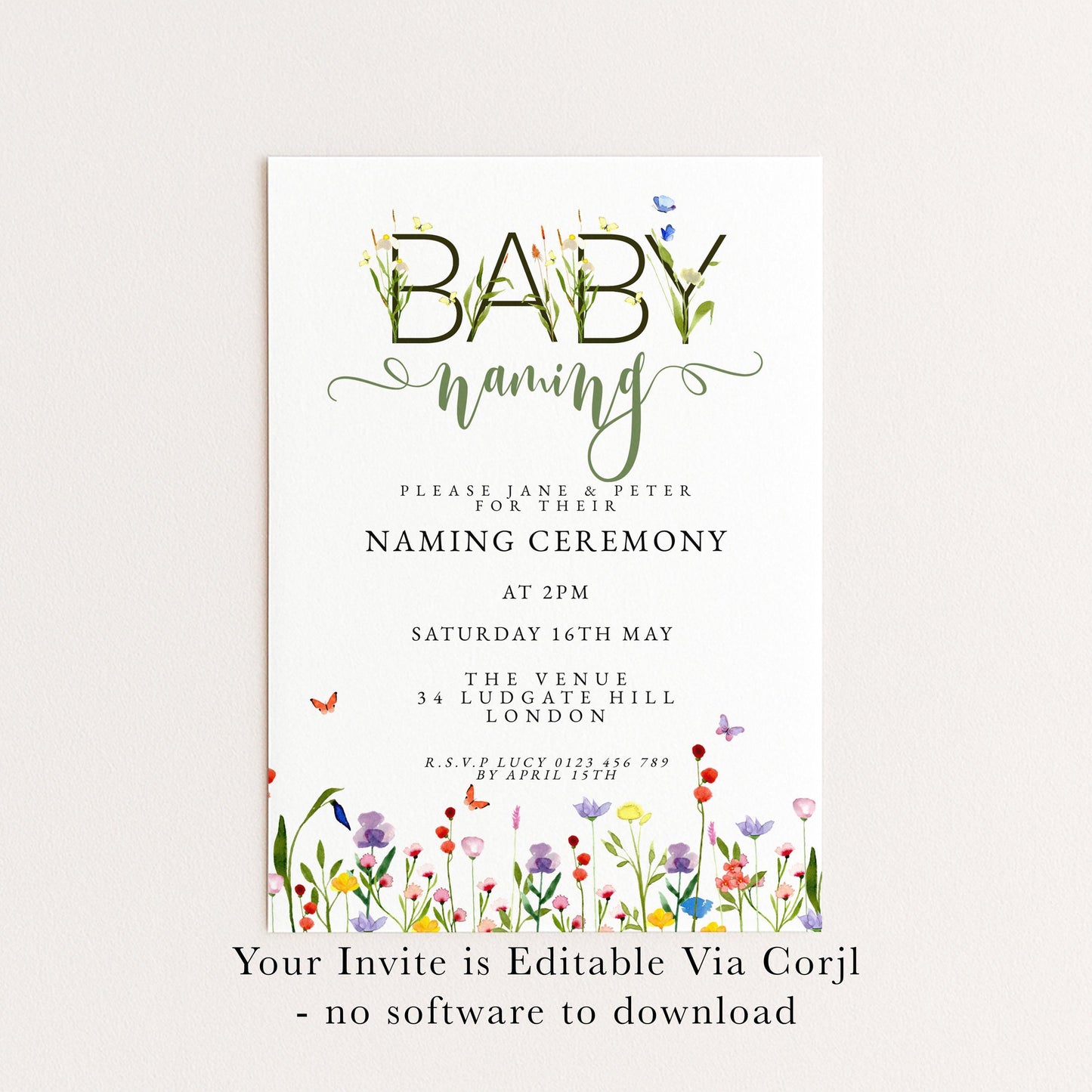 Baby Naming Ceremony Invitation Editable Watercolor Meadow Flowers Printable Naming Day Digital Template for Baby Girl Boy Digital Download