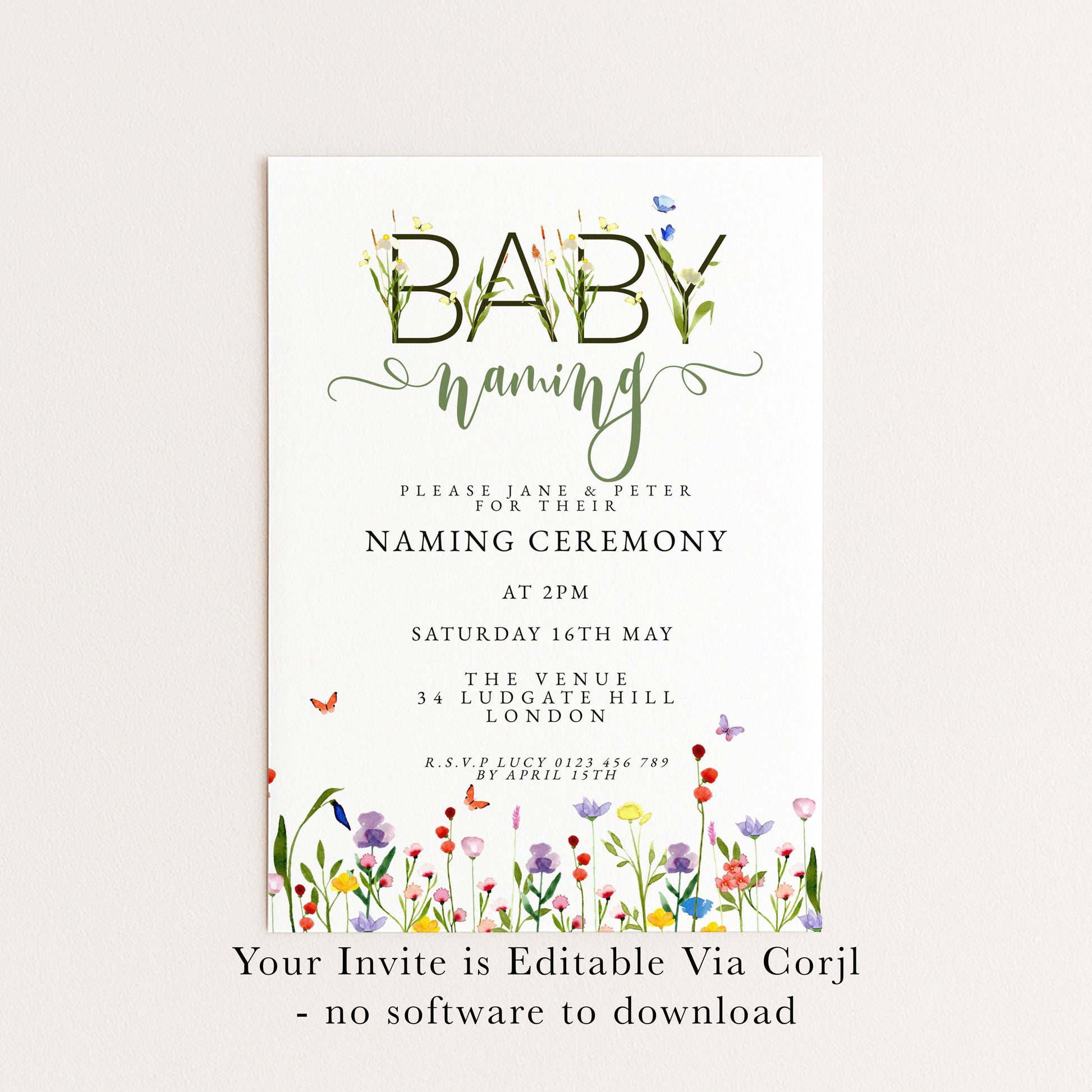 Baby Naming Ceremony Invitation Editable Watercolor Meadow Flowers Printable Naming Day Digital Template for Baby Girl Boy Digital Download