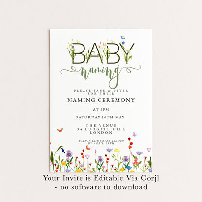 Baby Naming Ceremony Invitation Editable Watercolor Meadow Flowers Printable Naming Day Digital Template for Baby Girl Boy Digital Download