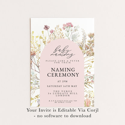 Baby Naming Ceremony Invitation Floral Neutral, Modern Naming Day Invite, Baby Shower Alternative, Editable Template