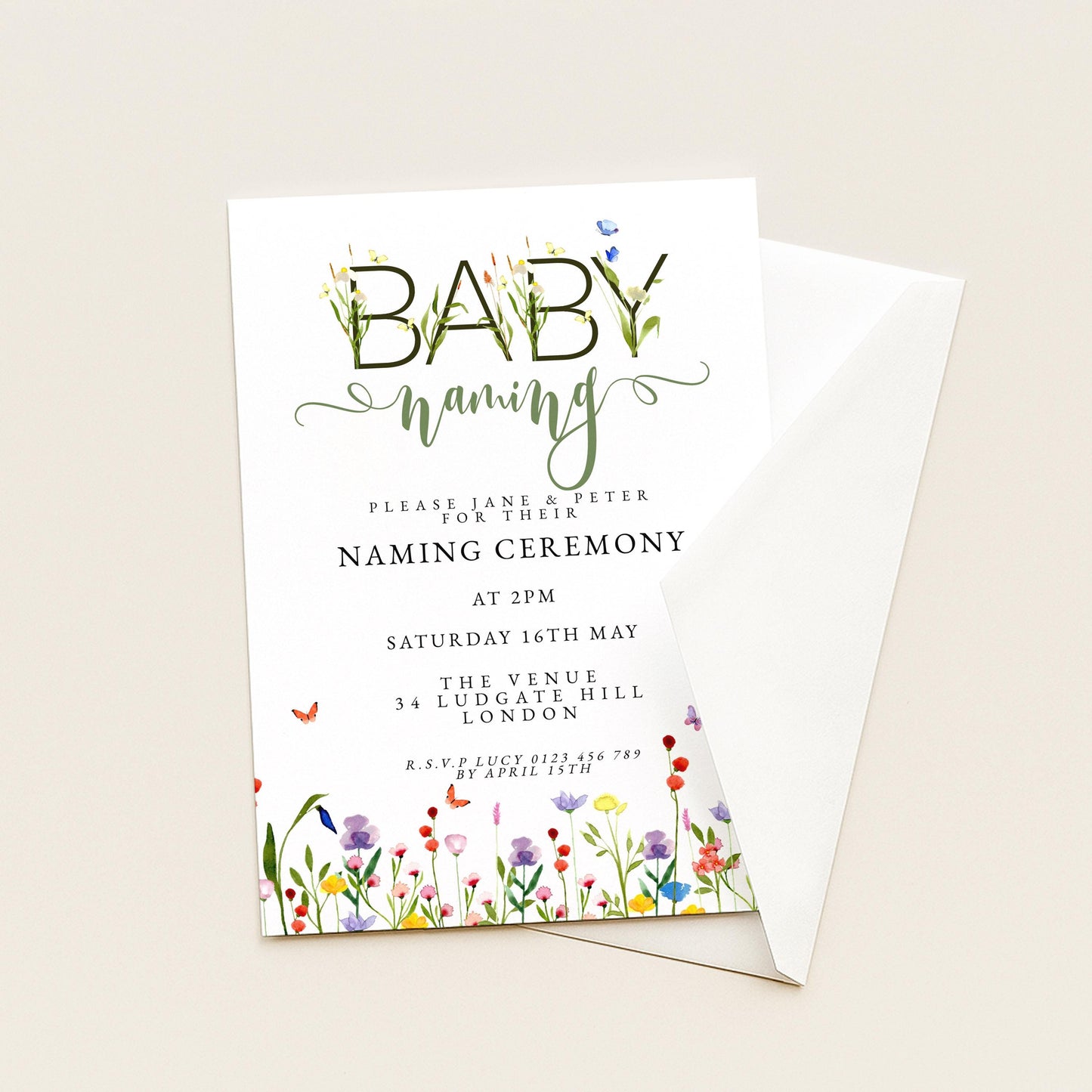 Baby Naming Ceremony Invitation Editable Watercolor Meadow Flowers Printable Naming Day Digital Template for Baby Girl Boy Digital Download