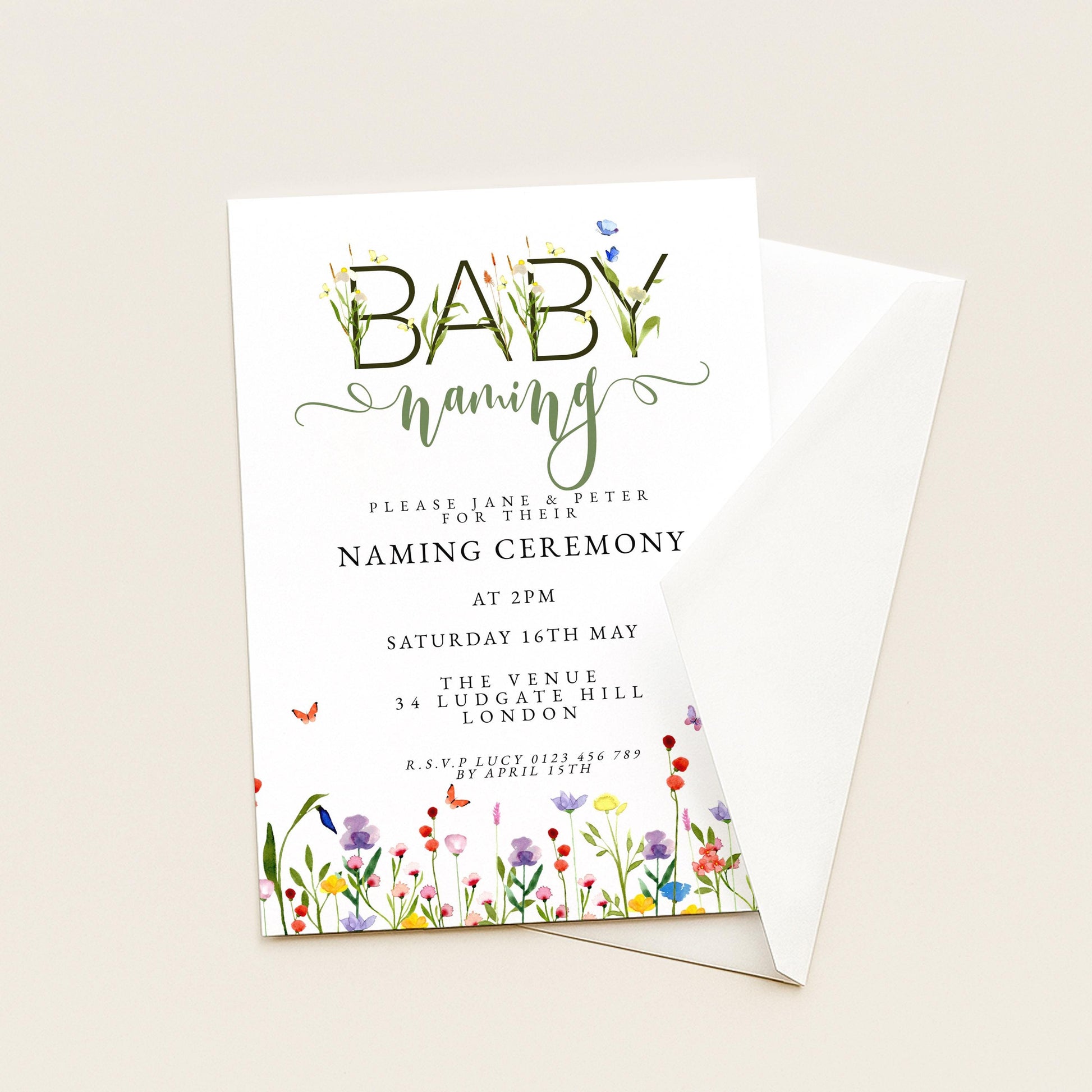 Baby Naming Ceremony Invitation Editable Watercolor Meadow Flowers Printable Naming Day Digital Template for Baby Girl Boy Digital Download