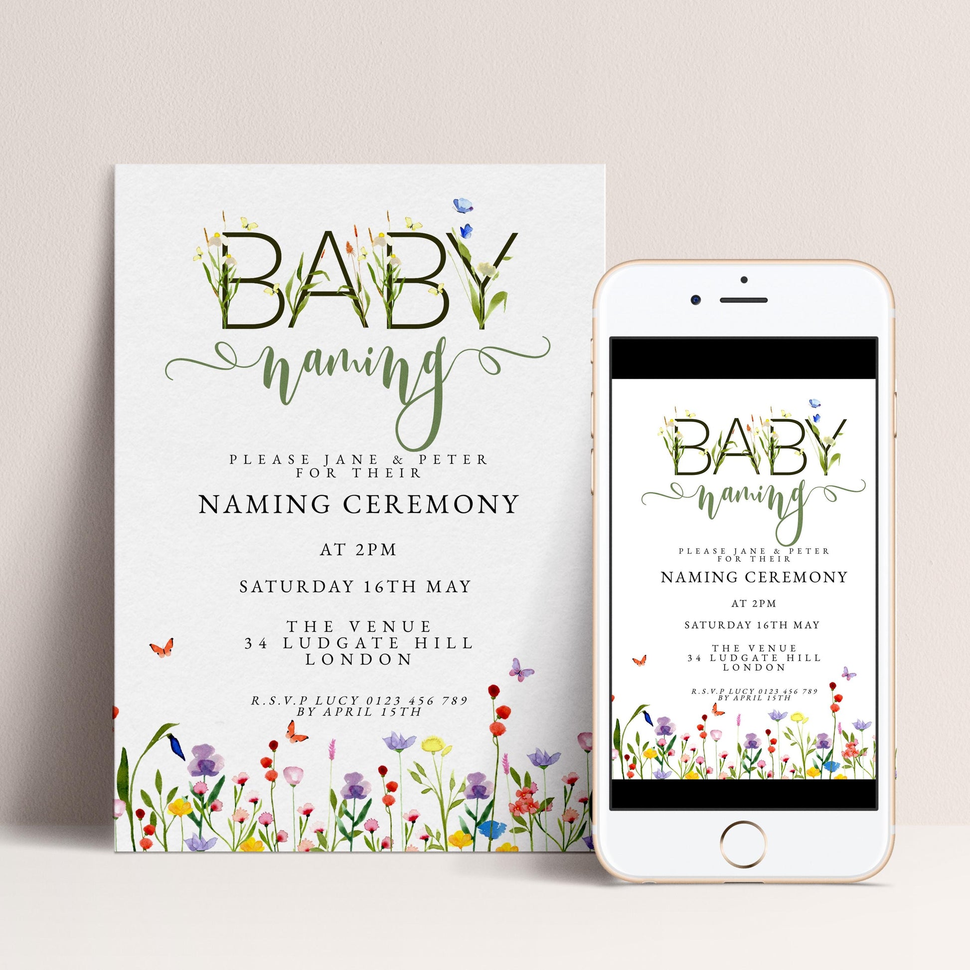Baby Naming Ceremony Invitation Editable Watercolor Meadow Flowers Printable Naming Day Digital Template for Baby Girl Boy Digital Download