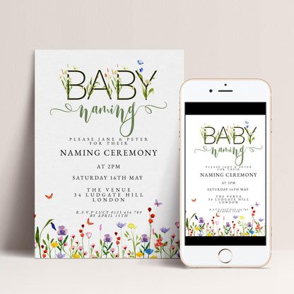 Baby Naming Ceremony Invitation Editable Watercolor Meadow Flowers Printable Naming Day Digital Template for Baby Girl Boy Digital Download