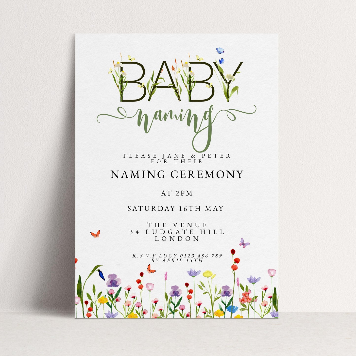 Baby Naming Ceremony Invitation Editable Watercolor Meadow Flowers Printable Naming Day Digital Template for Baby Girl Boy Digital Download