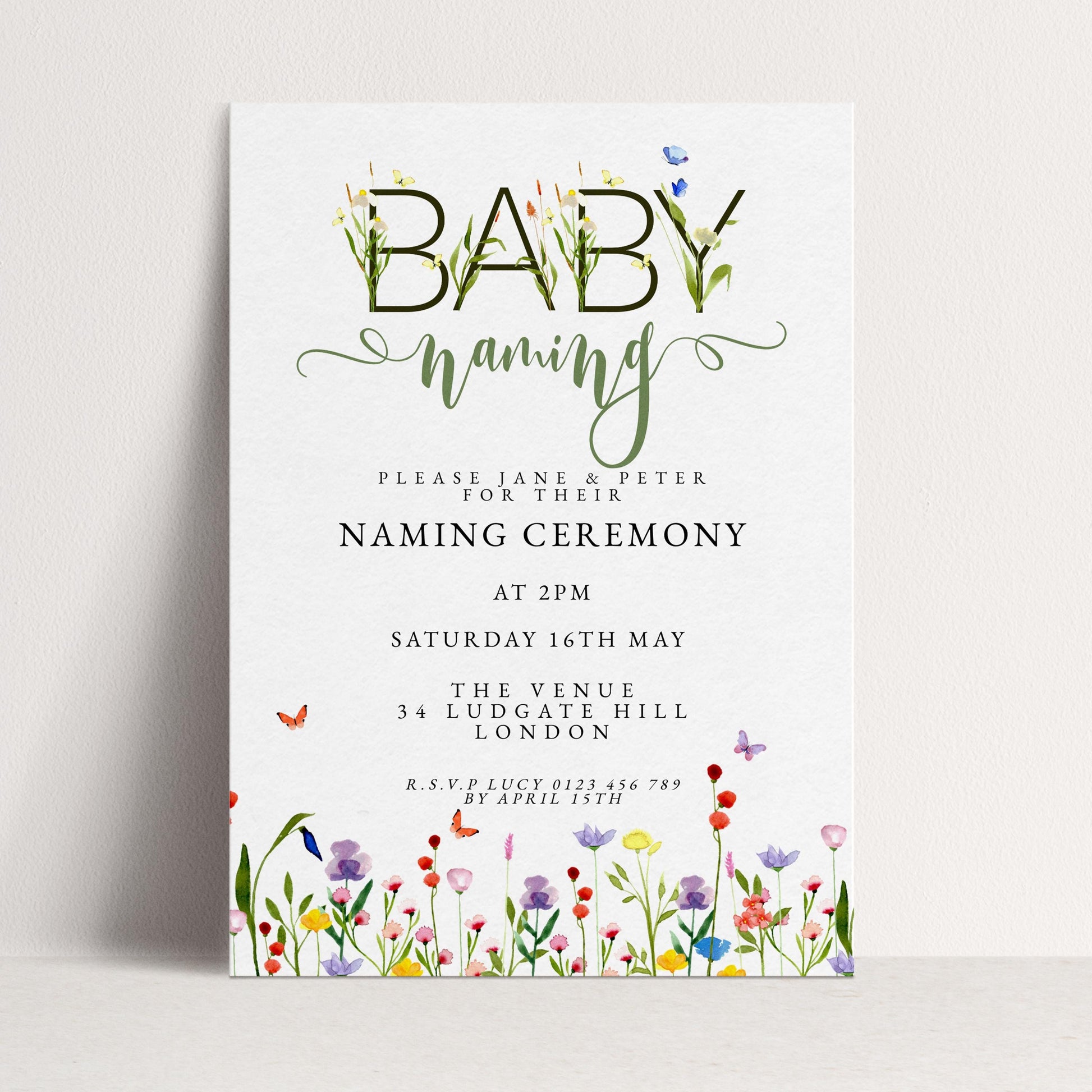 Baby Naming Ceremony Invitation Editable Watercolor Meadow Flowers Printable Naming Day Digital Template for Baby Girl Boy Digital Download