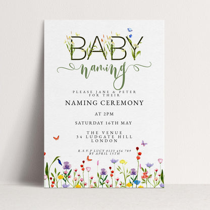 Baby Naming Ceremony Invitation Editable Watercolor Meadow Flowers Printable Naming Day Digital Template for Baby Girl Boy Digital Download