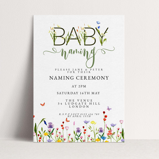 Baby Naming Ceremony Invitation Editable Watercolor Meadow Flowers Printable Naming Day Digital Template for Baby Girl Boy Digital Download