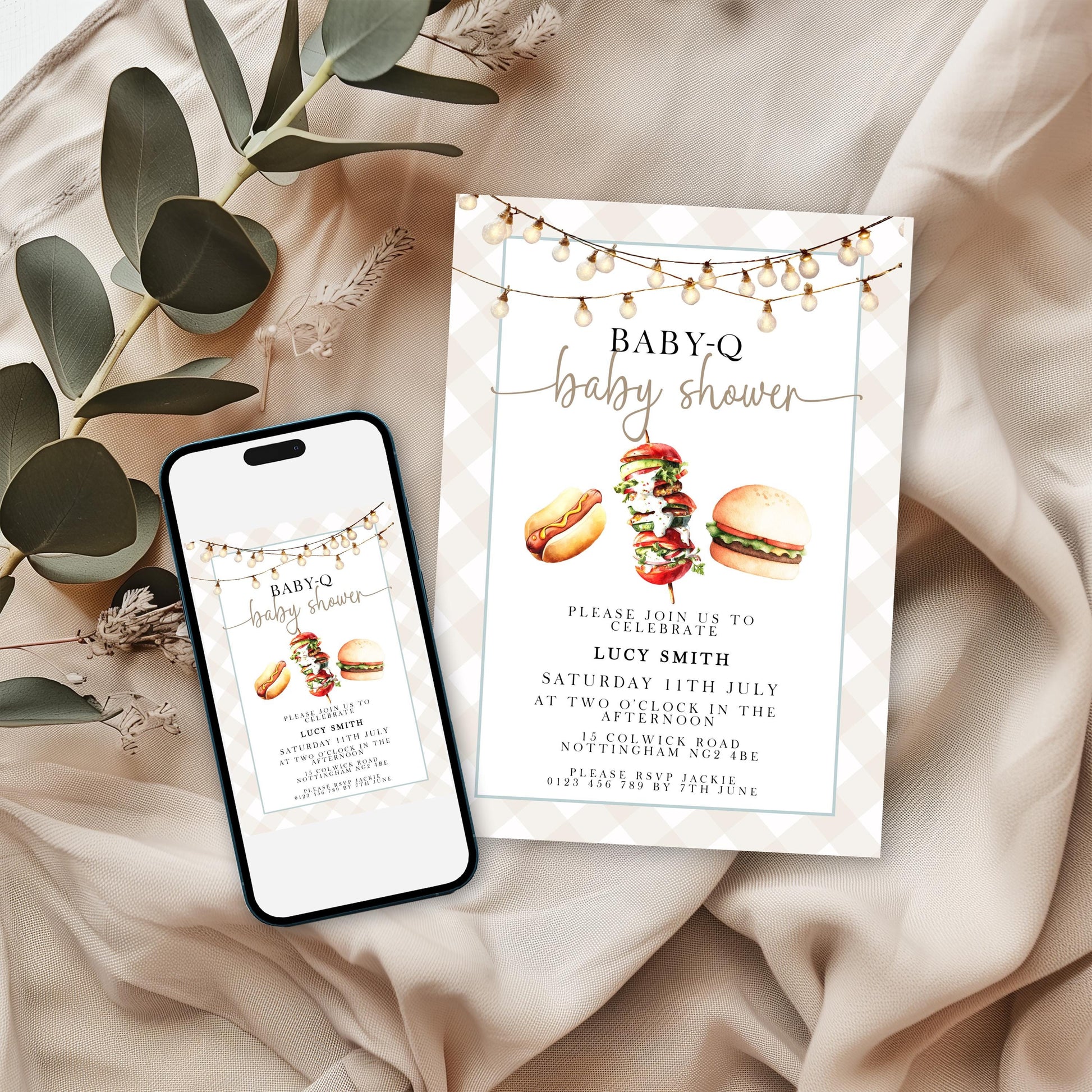 Baby-Q Baby Shower Invitation Bundle, Summer Grill Theme (Editable Corjl Template)
