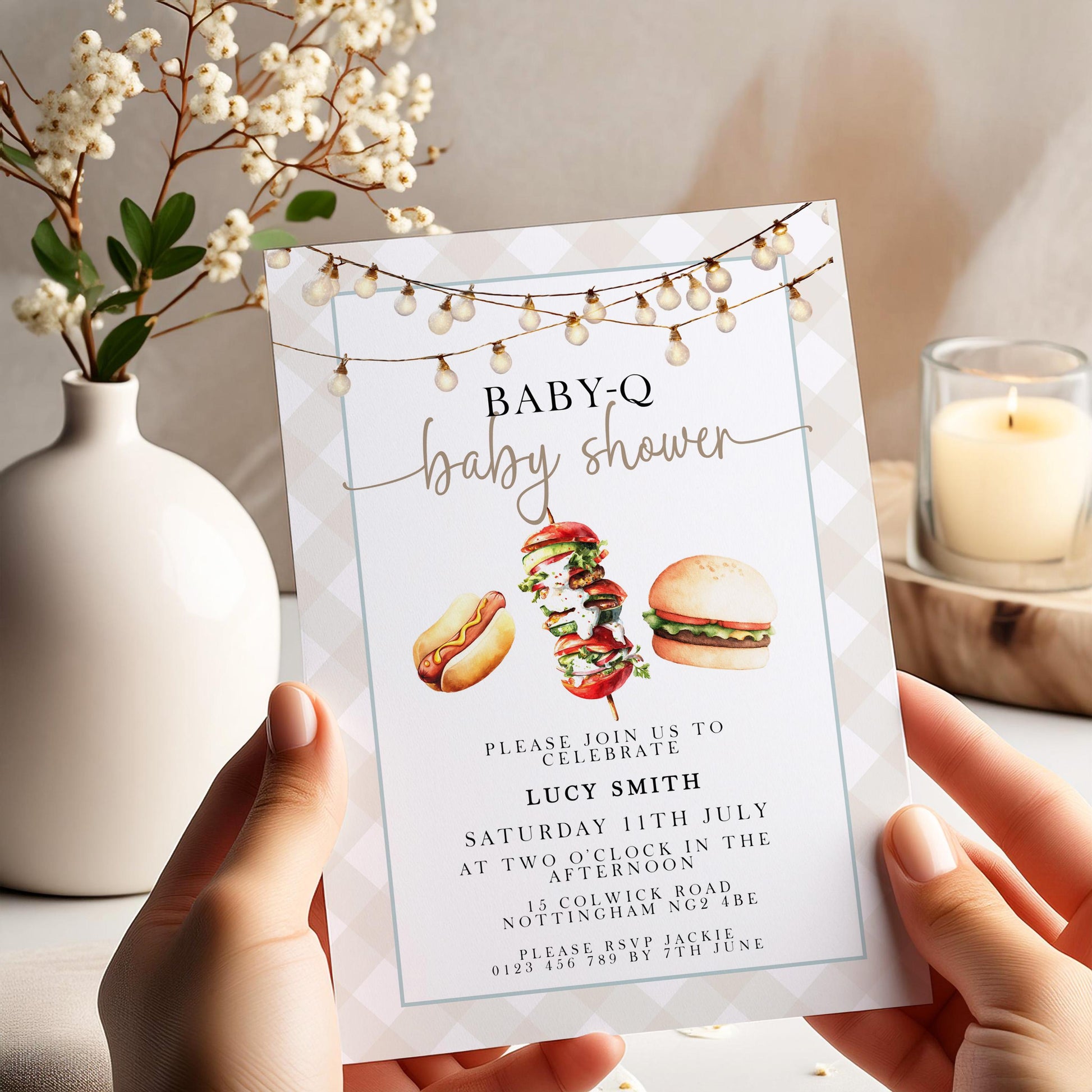 Baby-Q Baby Shower Invitation Bundle, Summer Grill Theme (Editable Corjl Template)