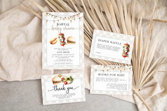 Baby-Q Baby Shower Invitation Bundle, Summer Grill Theme (Editable Corjl Template)