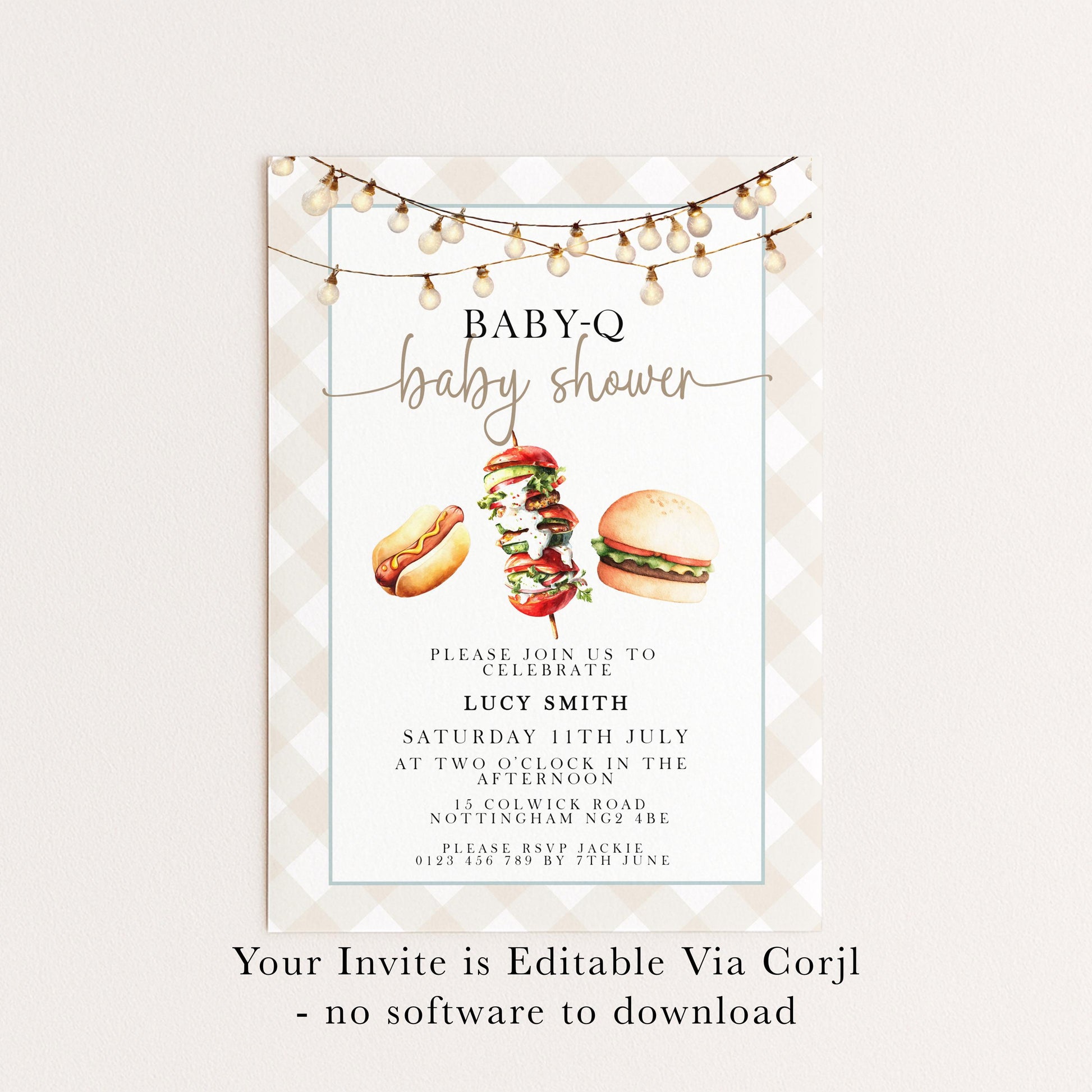 Baby-Q Baby Shower Invitation, BBQ Summer Party Invite (Editable Corjl)