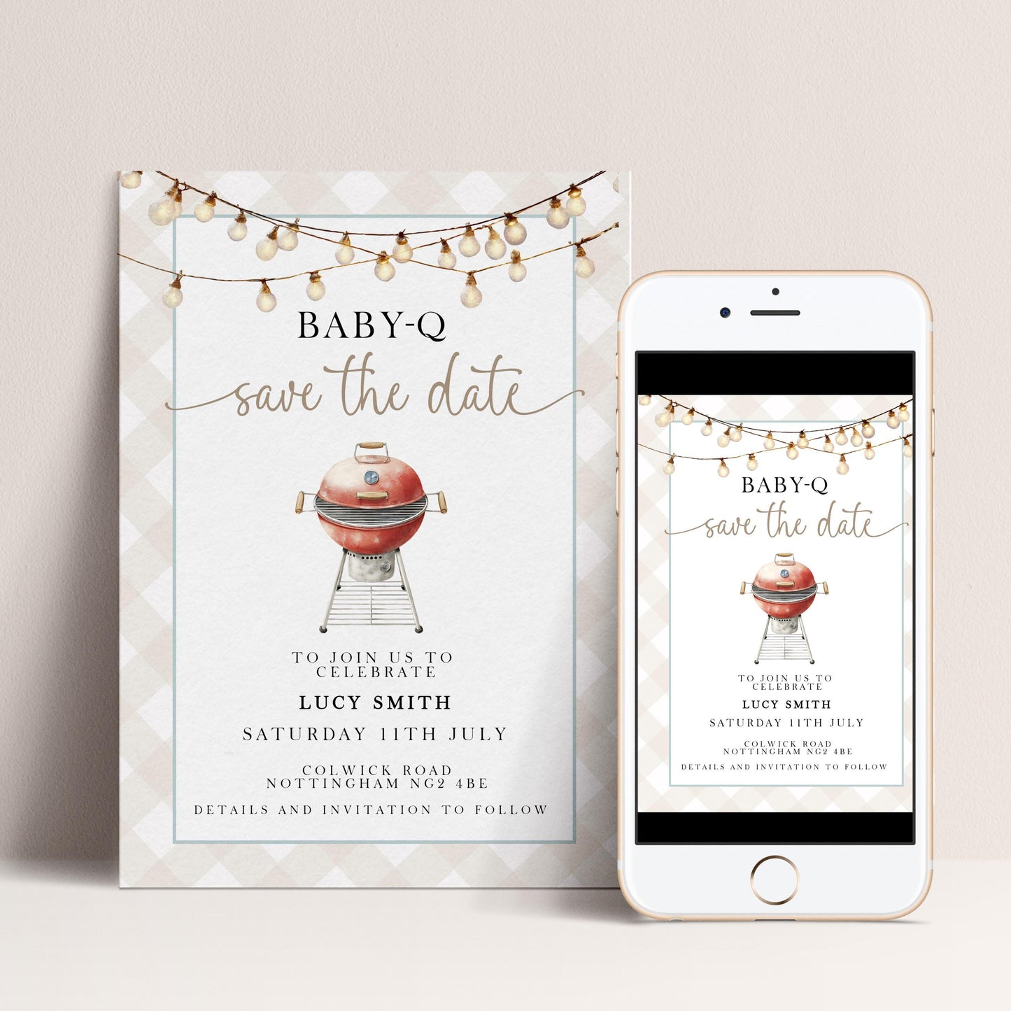 Baby-Q Save the Date Invitation, BBQ Baby Shower Template, Editable Corjl Invite, Summer Baby Shower, Gingham Printable Announcement BQ20