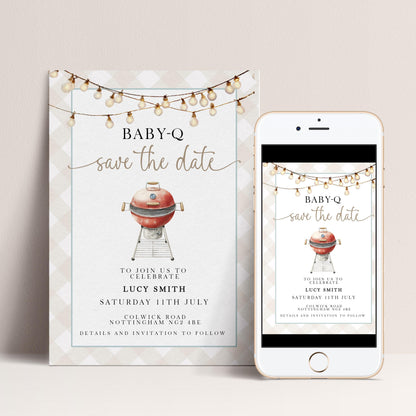 Baby-Q Save the Date Invitation, BBQ Baby Shower Template, Editable Corjl Invite, Summer Baby Shower, Gingham Printable Announcement BQ20