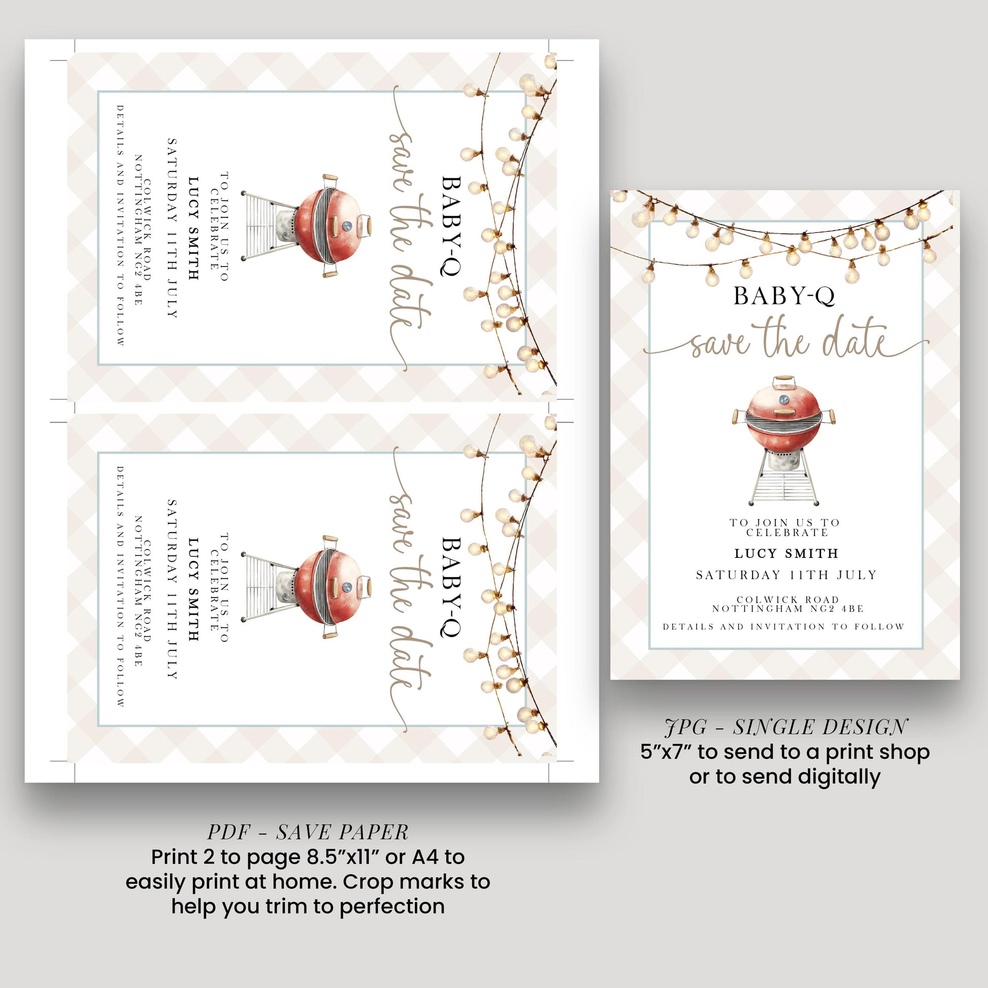 Baby-Q Save the Date Invitation, BBQ Baby Shower Template, Editable Corjl Invite, Summer Baby Shower, Gingham Printable Announcement BQ20