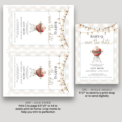 Baby-Q Save the Date Invitation, BBQ Baby Shower Template, Editable Corjl Invite, Summer Baby Shower, Gingham Printable Announcement BQ20