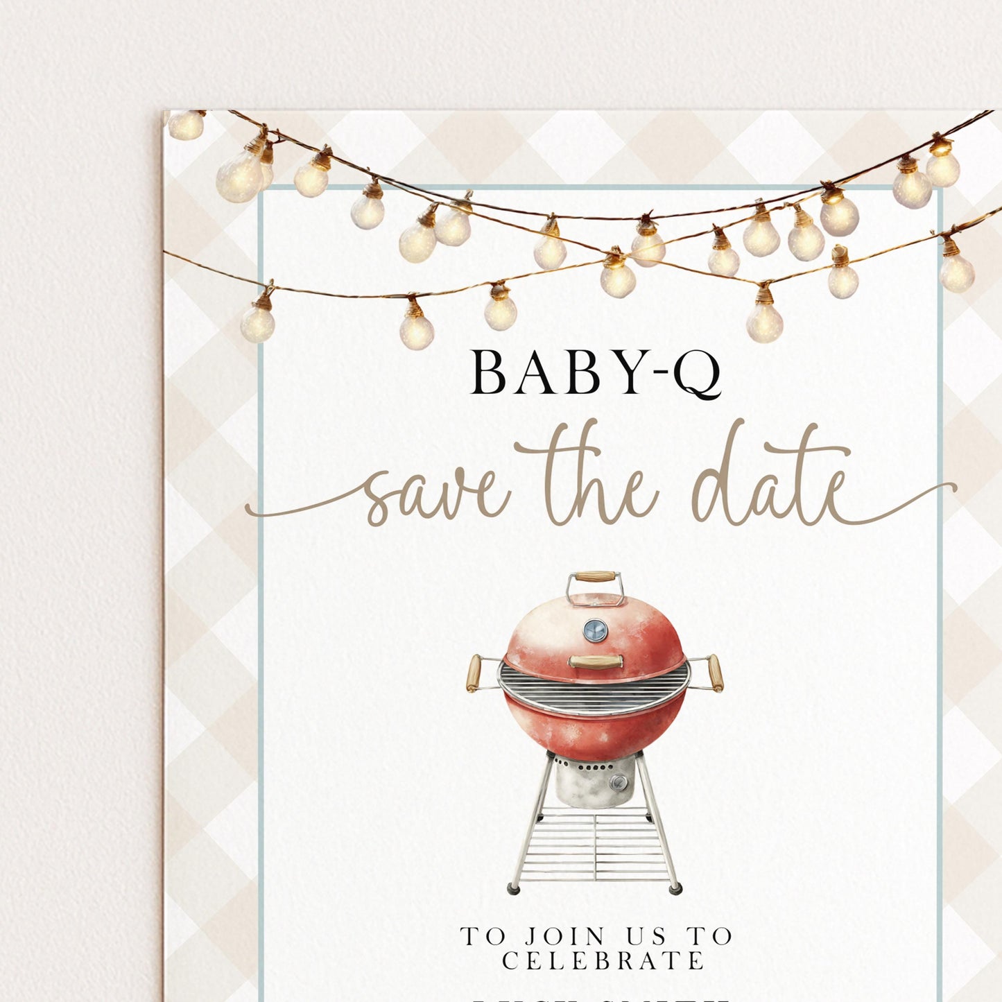 Baby-Q Save the Date Invitation, BBQ Baby Shower Template, Editable Corjl Invite, Summer Baby Shower, Gingham Printable Announcement BQ20