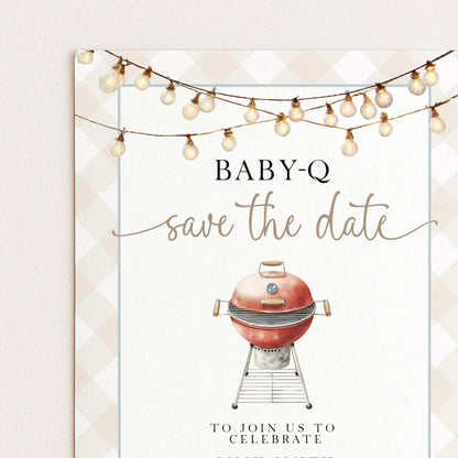 Baby-Q Save the Date Invitation, BBQ Baby Shower Template, Editable Corjl Invite, Summer Baby Shower, Gingham Printable Announcement BQ20