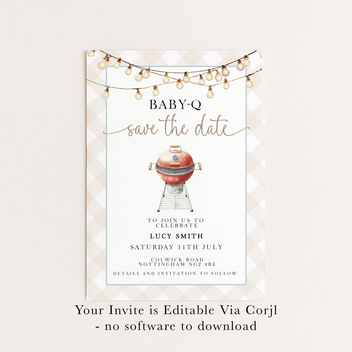Baby-Q Save the Date Invitation, BBQ Baby Shower Template, Editable Corjl Invite, Summer Baby Shower, Gingham Printable Announcement BQ20