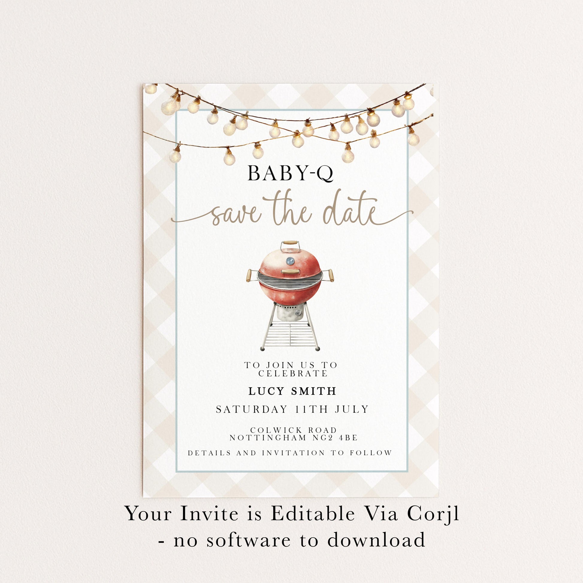 Baby-Q Save the Date Invitation, BBQ Baby Shower Template, Editable Corjl Invite, Summer Baby Shower, Gingham Printable Announcement BQ20