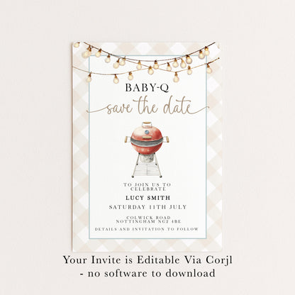 Baby-Q Save the Date Invitation, BBQ Baby Shower Template, Editable Corjl Invite, Summer Baby Shower, Gingham Printable Announcement BQ20