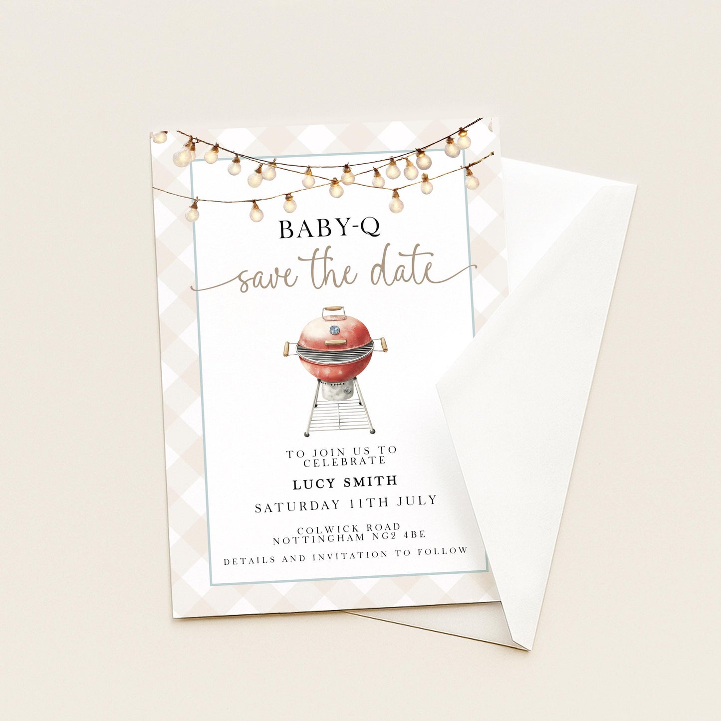Baby-Q Save the Date Invitation, BBQ Baby Shower Template, Editable Corjl Invite, Summer Baby Shower, Gingham Printable Announcement BQ20