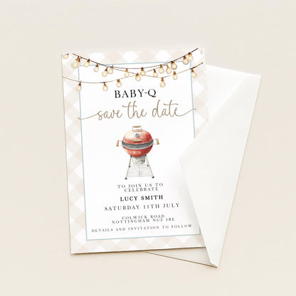 Baby-Q Save the Date Invitation, BBQ Baby Shower Template, Editable Corjl Invite, Summer Baby Shower, Gingham Printable Announcement BQ20