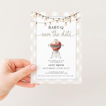 Baby-Q Save the Date Invitation, BBQ Baby Shower Template, Editable Corjl Invite, Summer Baby Shower, Gingham Printable Announcement BQ20