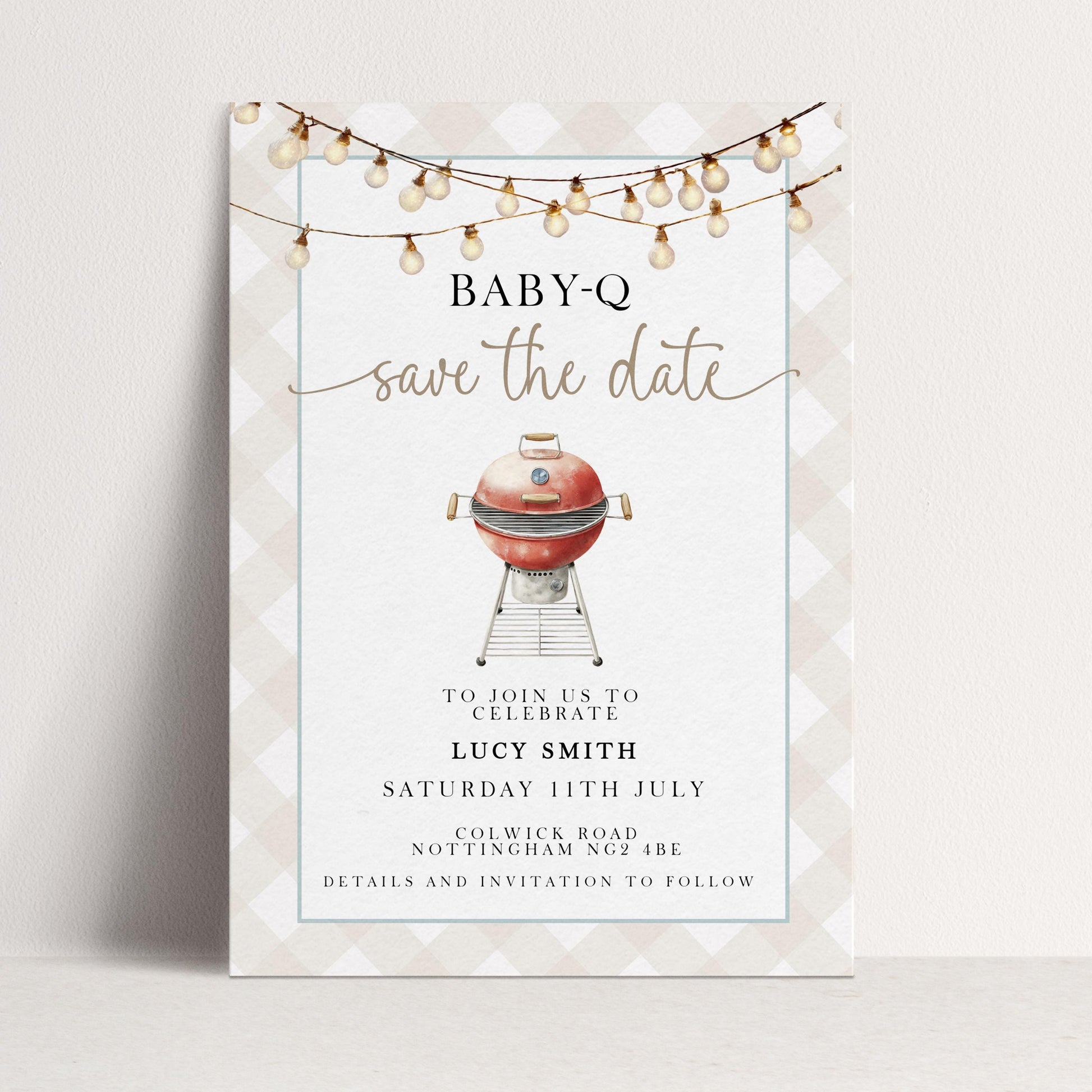 Baby-Q Save the Date Invitation, BBQ Baby Shower Template, Editable Corjl Invite, Summer Baby Shower, Gingham Printable Announcement BQ20