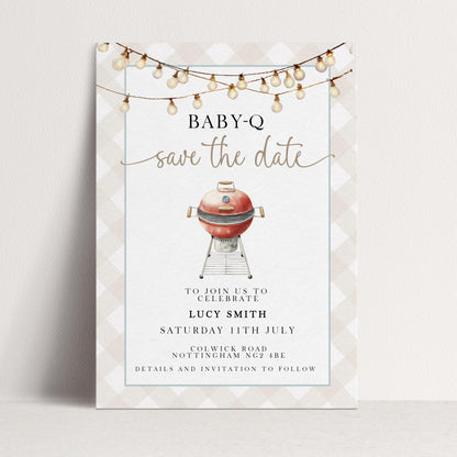 Baby-Q Save the Date Invitation, BBQ Baby Shower Template, Editable Corjl Invite, Summer Baby Shower, Gingham Printable Announcement BQ20
