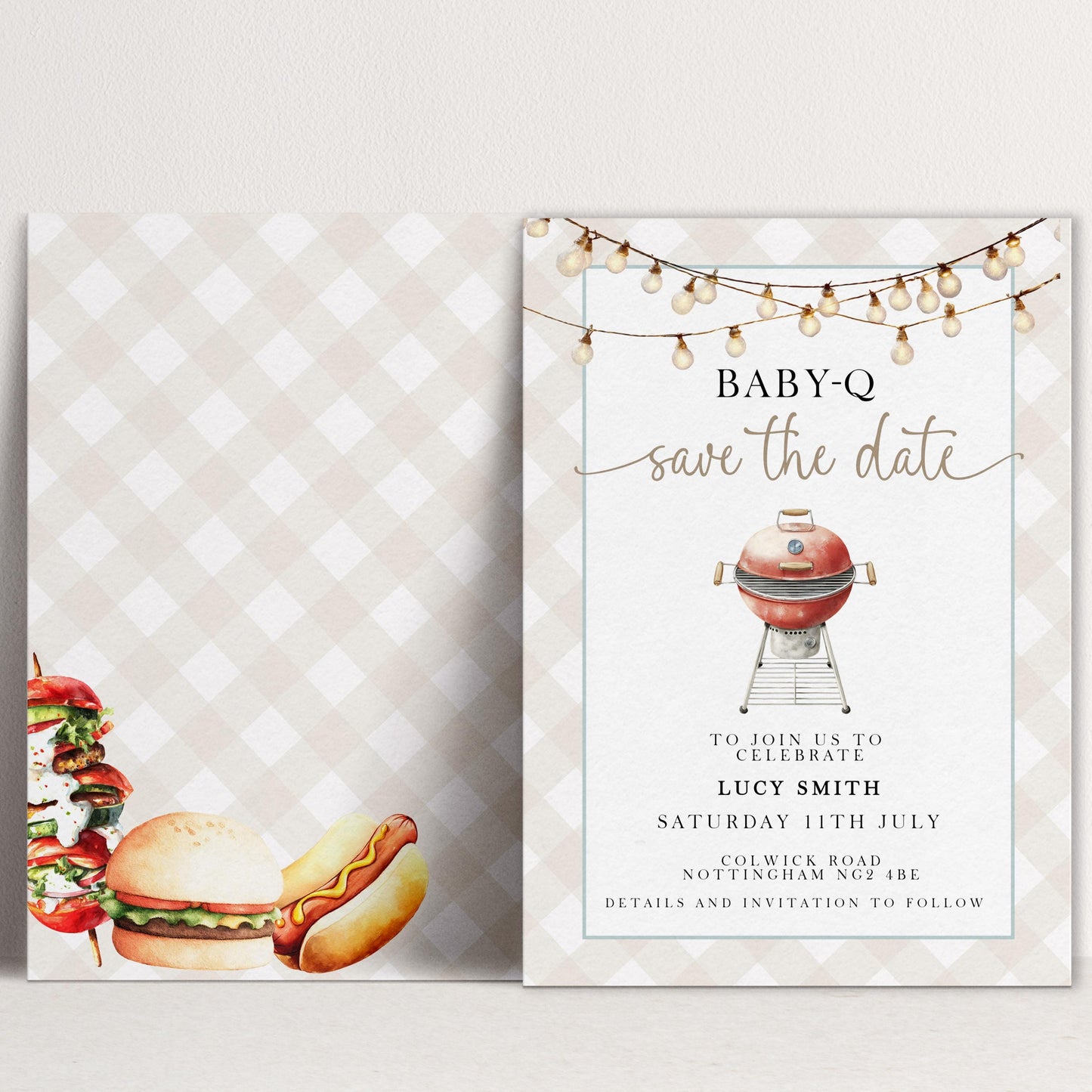 Baby-Q Save the Date Invitation, BBQ Baby Shower Template, Editable Corjl Invite, Summer Baby Shower, Gingham Printable Announcement BQ20