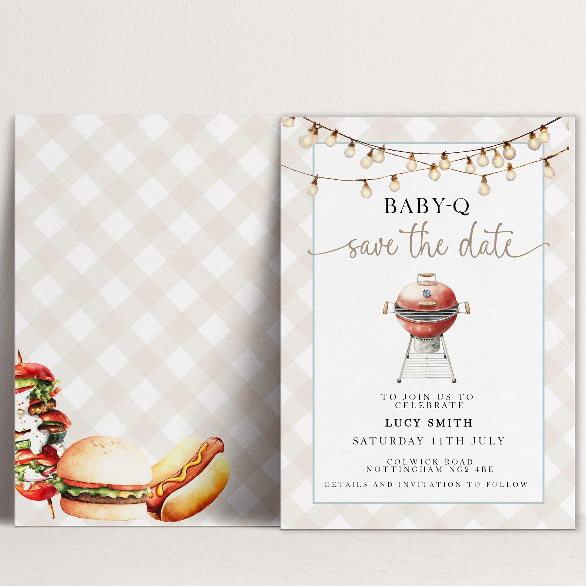 Baby-Q Save the Date Invitation, BBQ Baby Shower Template, Editable Corjl Invite, Summer Baby Shower, Gingham Printable Announcement BQ20