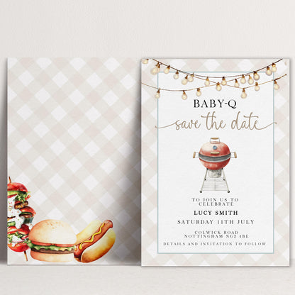 Baby-Q Save the Date Invitation, BBQ Baby Shower Template, Editable Corjl Invite, Summer Baby Shower, Gingham Printable Announcement BQ20