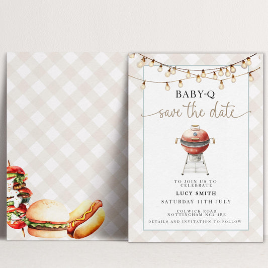 Baby-Q Save the Date Invitation, BBQ Baby Shower Template, Editable Corjl Invite, Summer Baby Shower, Gingham Printable Announcement BQ20