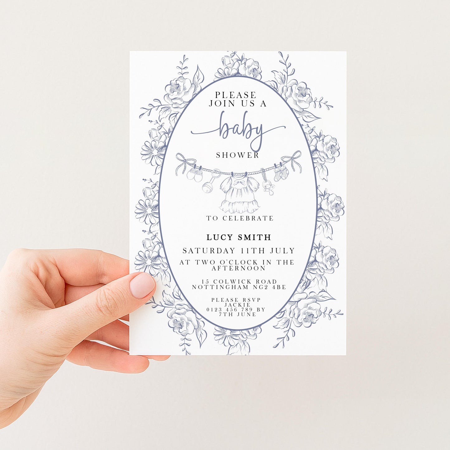 Baby Shower Invitation: Blue Toile Floral - Editable Digital Template