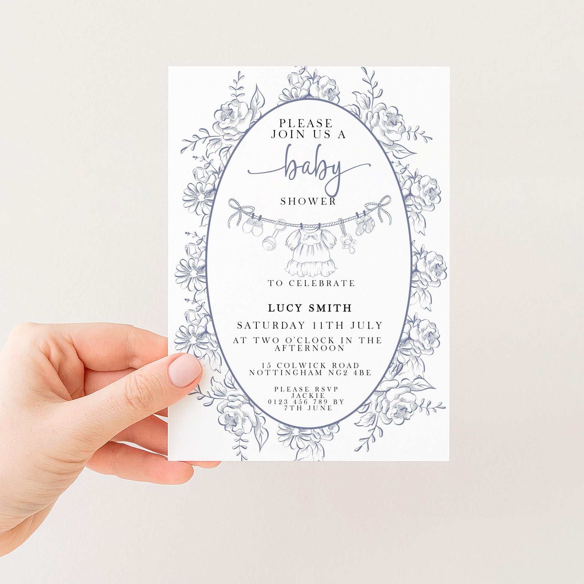 Baby Shower Invitation: Blue Toile Floral - Editable Digital Template