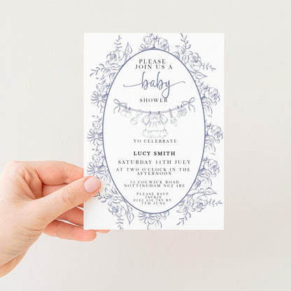 Baby Shower Invitation: Blue Toile Floral - Editable Digital Template